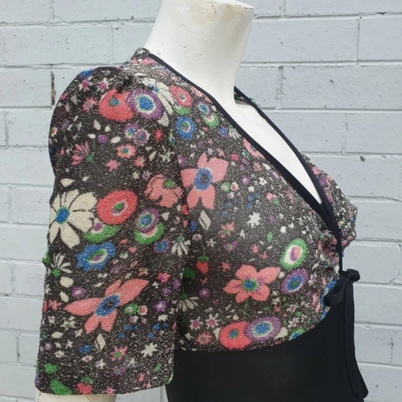 VTG 1970s Lurex Lame Metallic Floral Print Bow Maxi Cocktail Gown Dress Small 8 - Picture 7 of 9